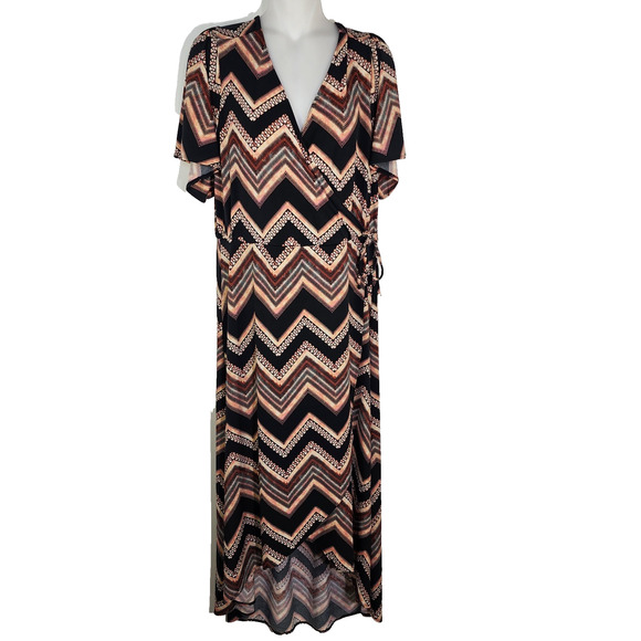 Maurices Women Chevron Wrap Dress Large Midi Aztec Short Flutter Sleeve High Low - Picture 1 of 13